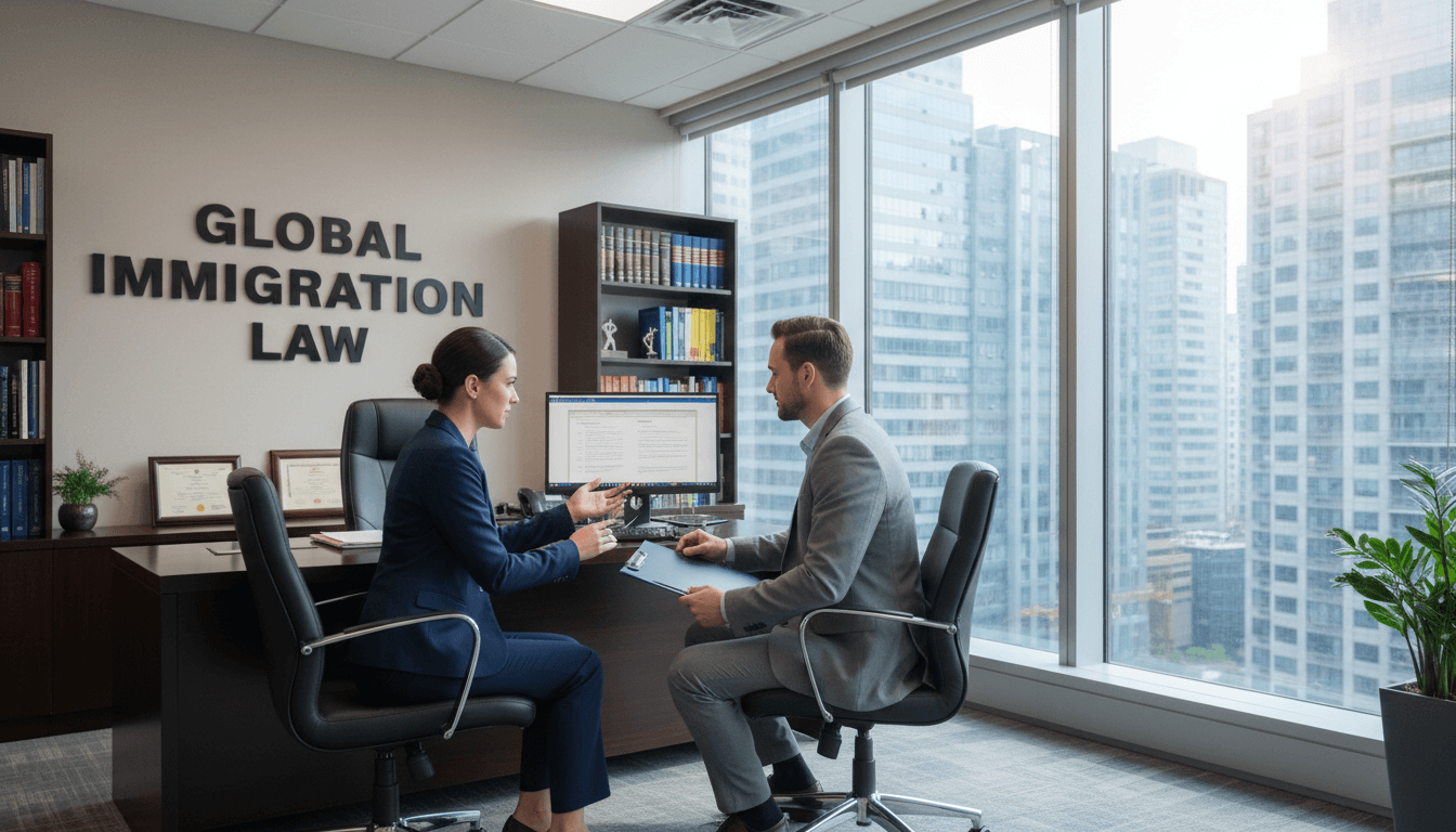 Abogada consultando con cliente en oficina profesional
