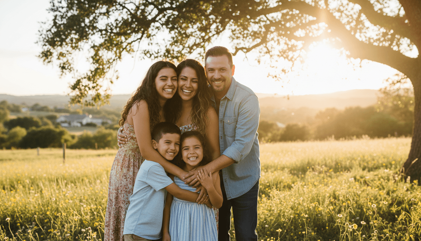 Familia hispana abrazándose al aire libre