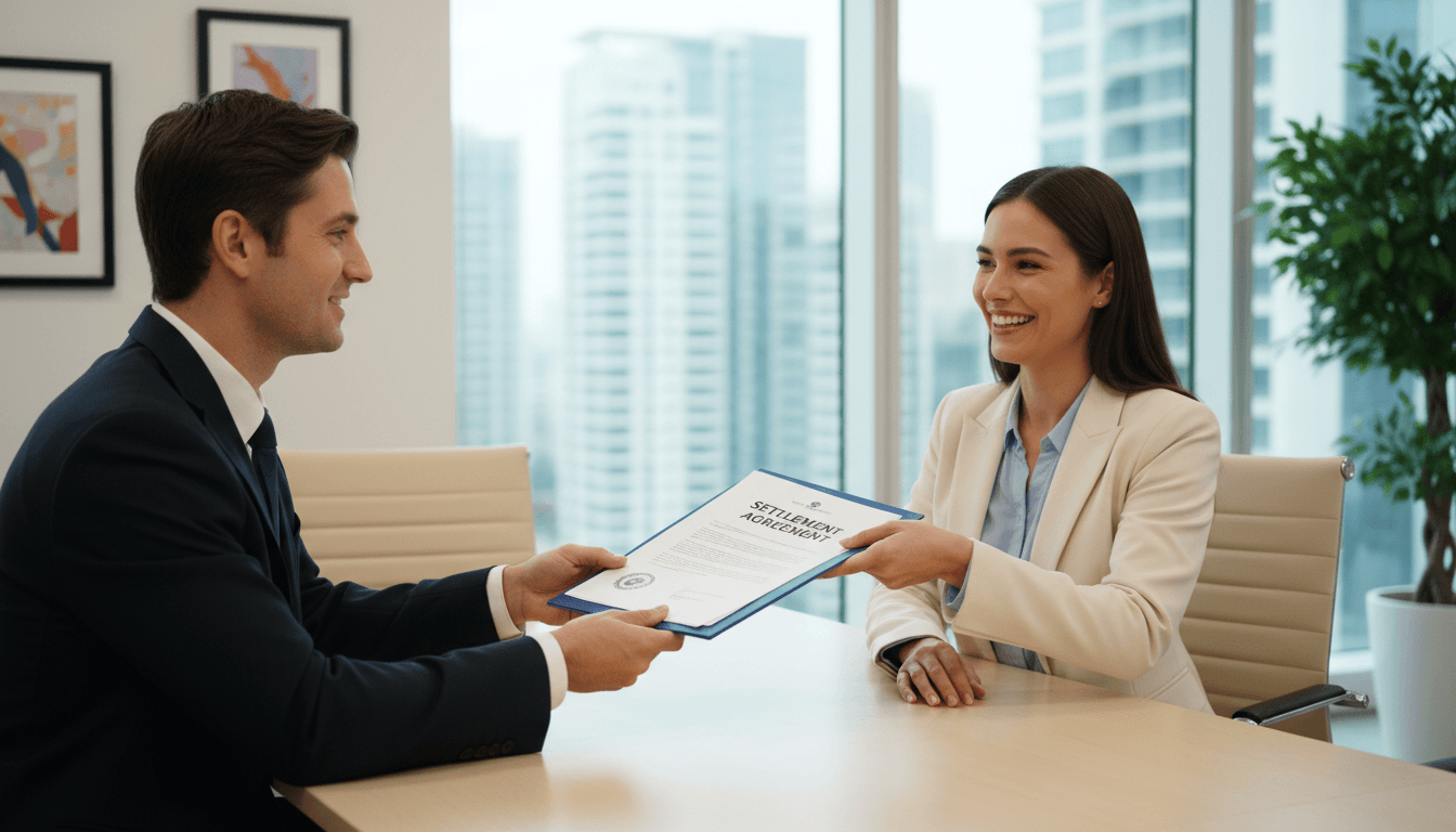 Abogada entregando documentos a cliente sonriente