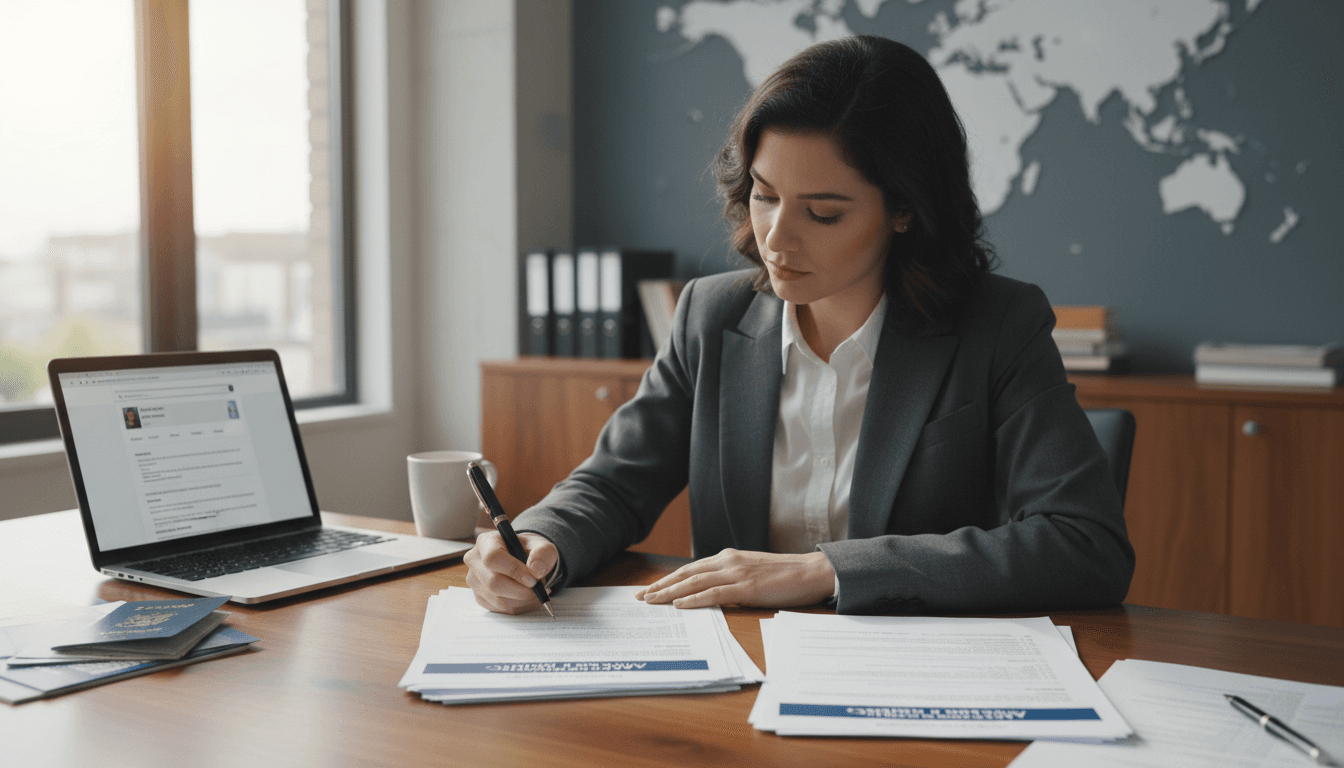 Mujer llenando formularios de inmigración en escritorio