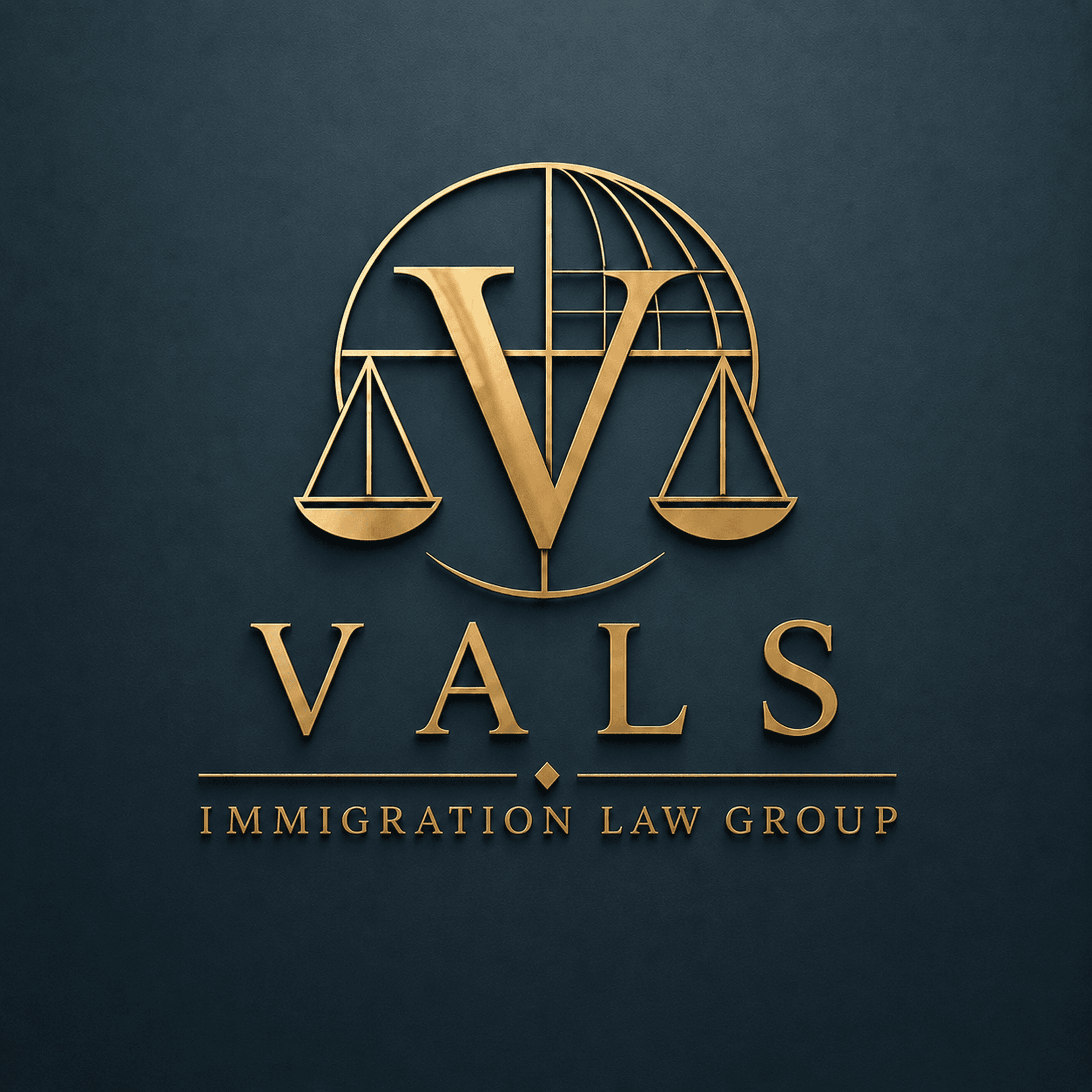 Logo dorado de VALS Immigration Law Group con balanza, globo y V sobre fondo azul.